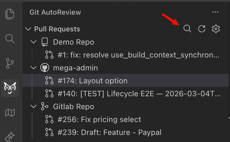 Search icon in the Pull Requests panel header