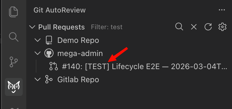 Filtered PR list showing only matching results with Filter: test label