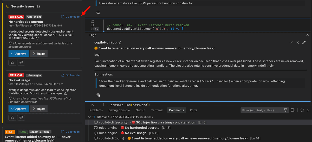 Go to code button on a review finding, showing inline code view with issue details