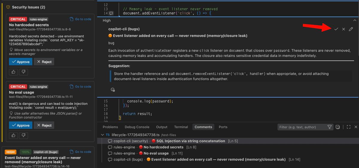 Approve, reject, and edit buttons on a code review finding