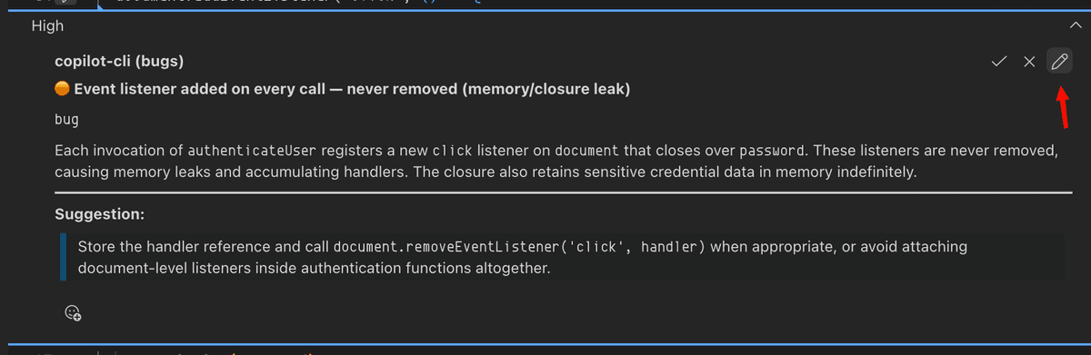 Edit button (pencil icon) on a review finding