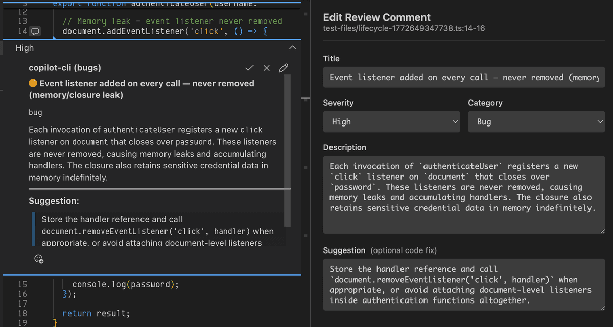 Edit Review Comment form with title, severity, category, description, and suggestion fields