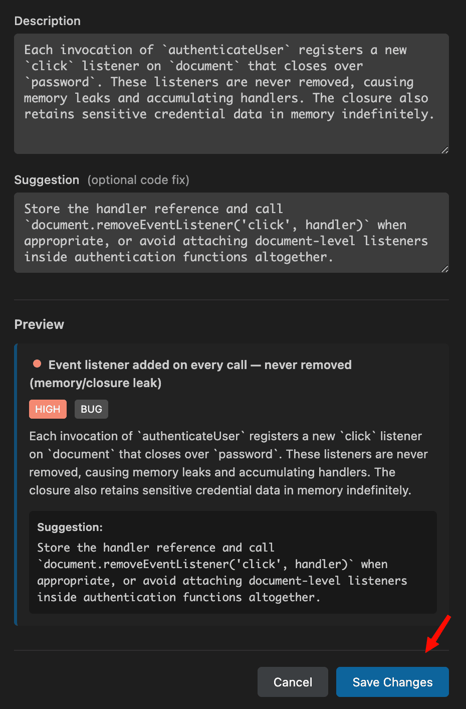 Preview of the edited comment with Save Changes button