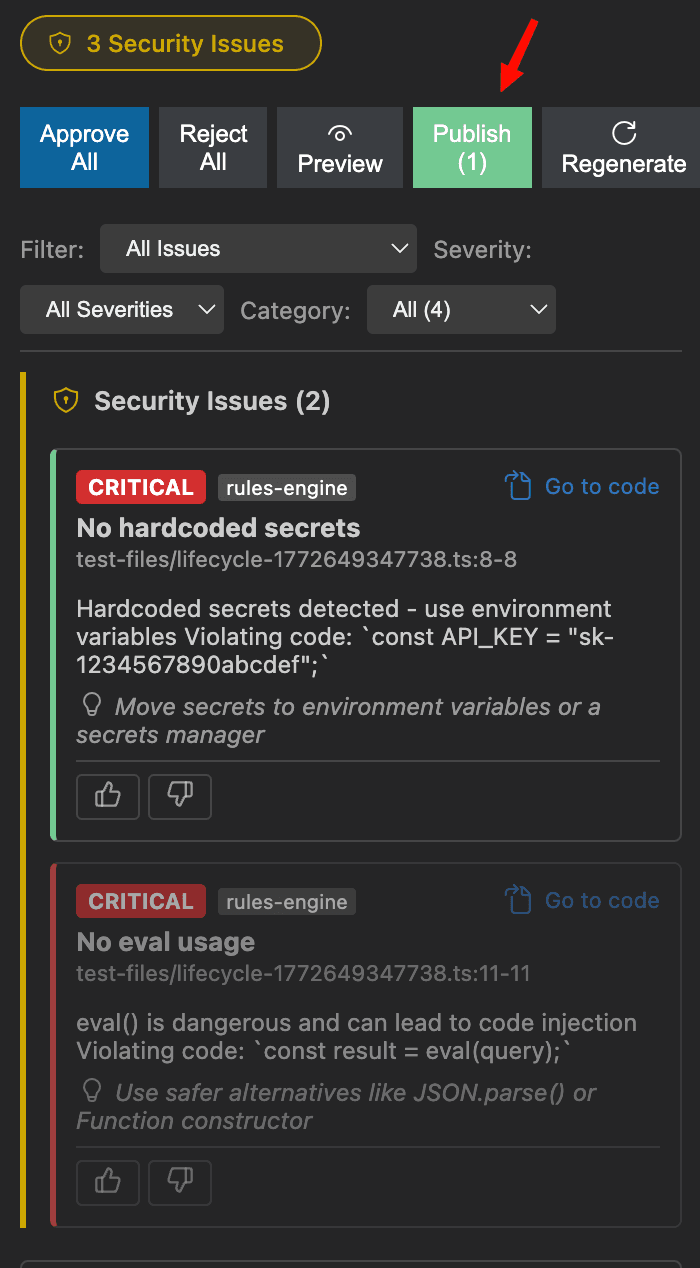 Publish button showing count of approved comments, with Approve All, Reject All, Preview, and Regenerate options